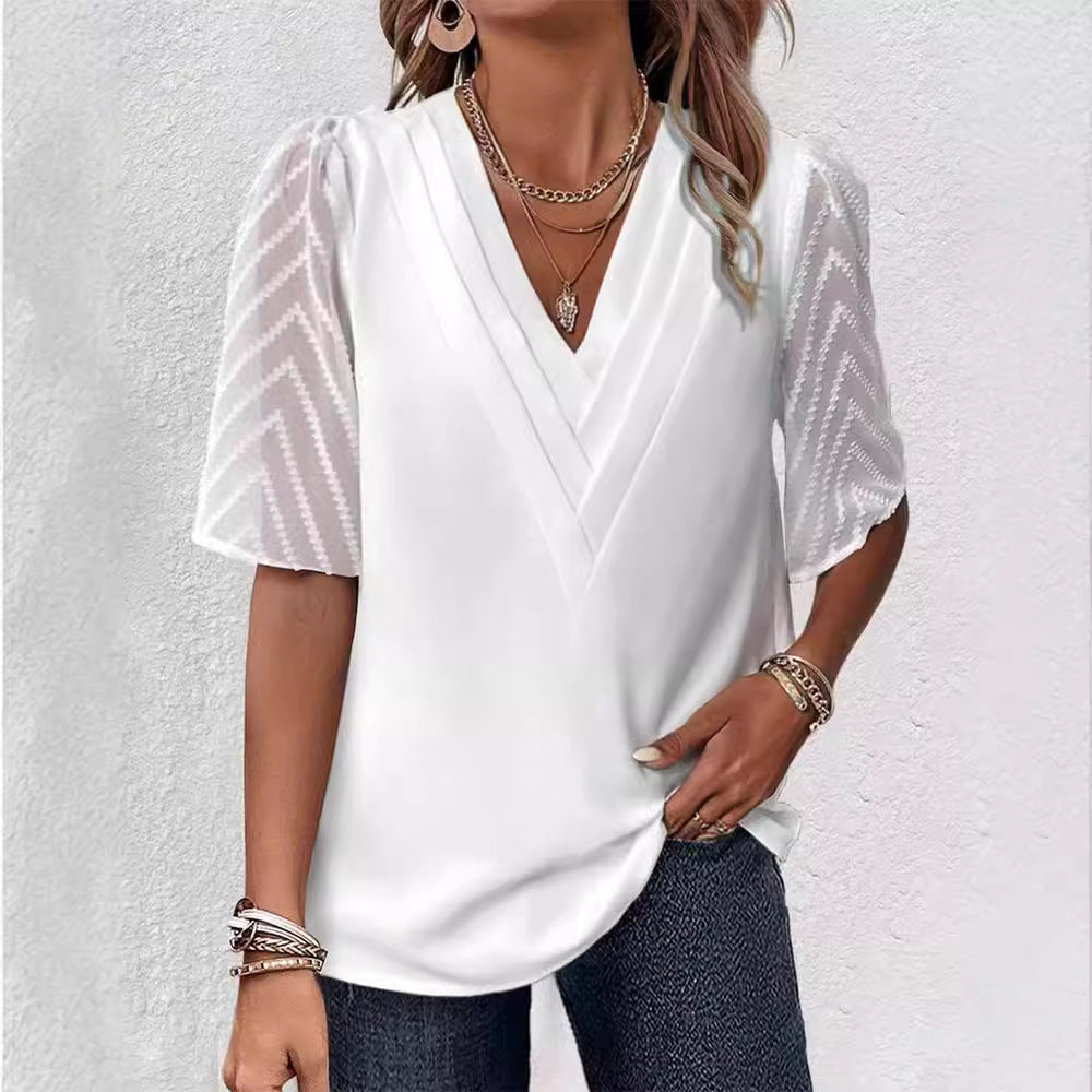 Damen nan elegantes Chiffon-Oberteil mit plissierter V-Passe und transparenten Zickzackärmeln