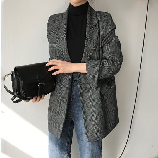 Damen Eleganter karierter Blazer mit doppelter Knopfleiste Shop Nory