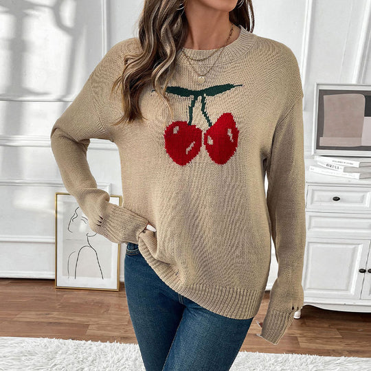 Damen Strickpullover mit Kirschen-Intarsie, Rundhalsausschnitt und legerem Oversize-Schnitt Shop Nory