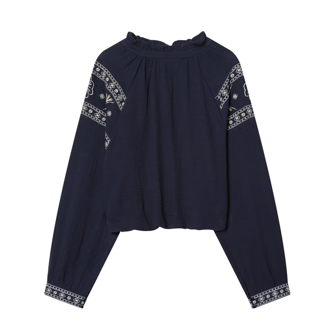 Damen nan bestickte Boho-Bluse mit gerafftem Stehkragen, Ballonärmeln und kurzem Saum Shop Nory