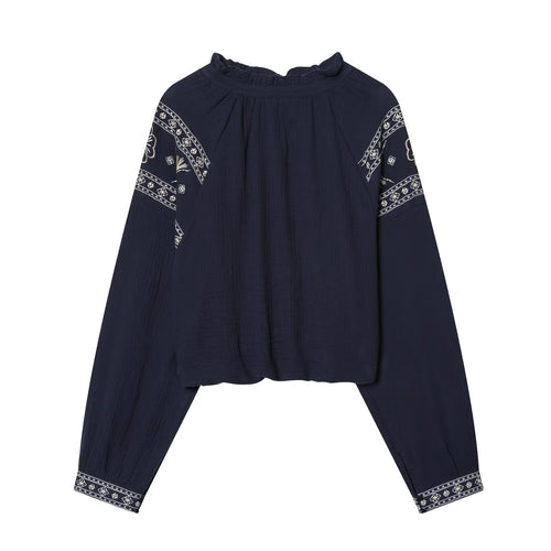 Damen nan bestickte Boho-Bluse mit gerafftem Stehkragen, Ballonärmeln und kurzem Saum Shop Nory