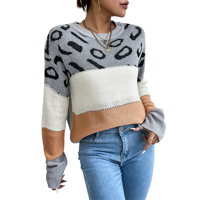 Damen Strickpullover mit Leopardenmuster und Blockstreifen Shop Nory