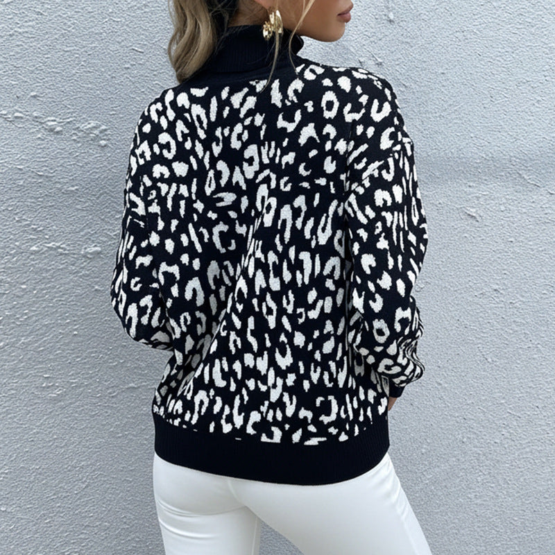 Damen Oversize Feinstrickpullover mit Leoparden-Jacquard und Stehkragen Shop Nory
