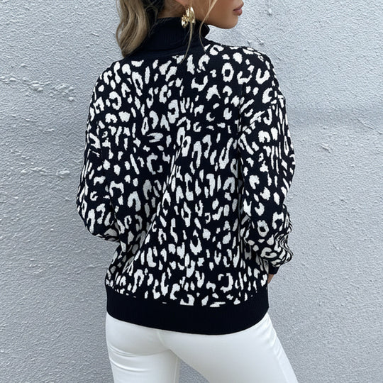 Damen Oversize Feinstrickpullover mit Leoparden-Jacquard und Stehkragen Shop Nory
