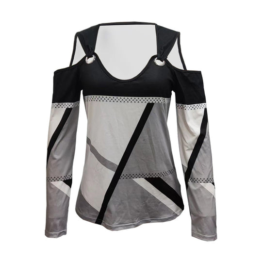 Damen Cold-Shoulder Langarmshirt mit grafischem Blockmuster und Metallring Shop Nory