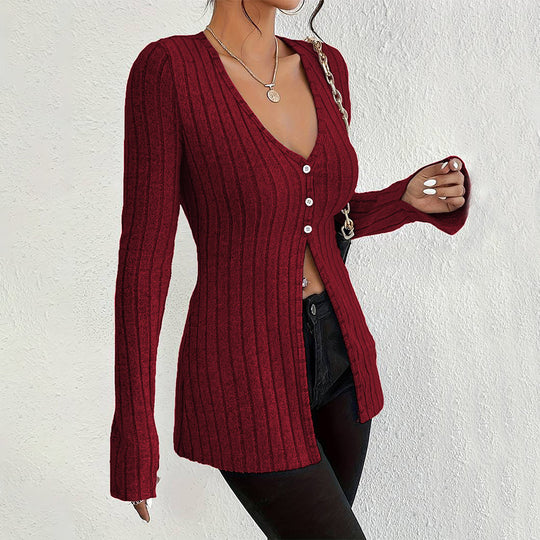 Damen gerippter V-Ausschnitt-Cardigan mit Knopfleiste taillierter Longline-Silhouette Shop Nory
