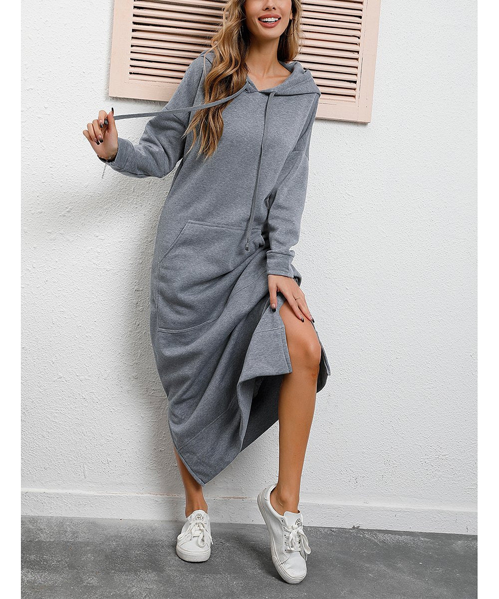 Damen nan langes Kapuzen-Sweatkleid mit Kängurutasche, Seitenschlitzen und lockerer Oversize-Passform Shop Nory