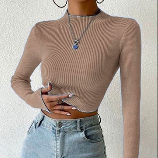 Damen Gerippter Cropped Feinstrickpullover mit Stehkragen Shop Nory