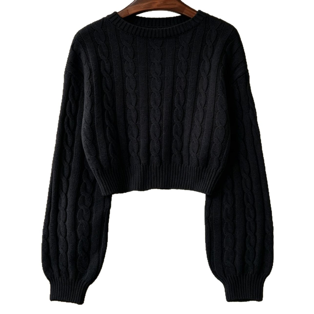 Damen Cropped Zopfmuster-Strickpullover mit kastiger Silhouette und Ballonärmeln Shop Nory
