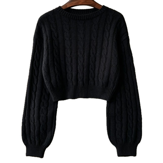 Damen Cropped Zopfmuster-Strickpullover mit kastiger Silhouette und Ballonärmeln Shop Nory