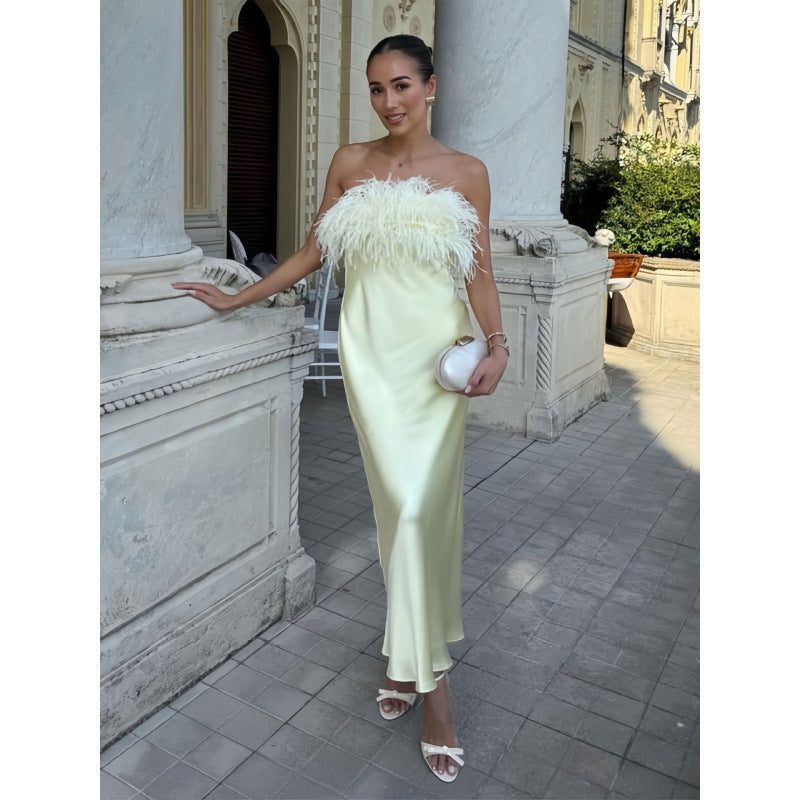 Damen Satin Abendkleid mit Federn