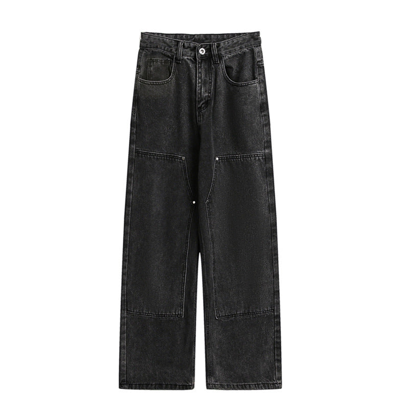 Damen Weite Utility-Denimhose mit Knie‑Patch, hohem Bund und geradem Bein Shop Nory