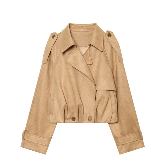 Damen Kurzgeschnittene Trenchjacke in Veloursleder‑Optik mit Schulterklappen und Schnallenmanschetten Shop Nory