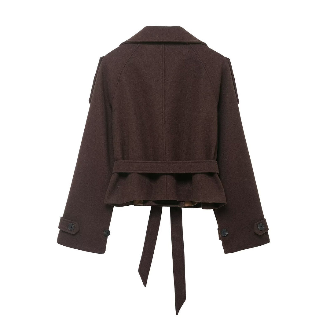 Damen Cropped Wollmix‑Kurzmantel mit hohem Stehkragen, Epauletten und Taillengürtel Shop Nory