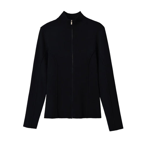 Damen Figurnah geschnittene Feinstrick-Jacke mit Stehkragen und durchgehendem Reißverschluss Shop Nory