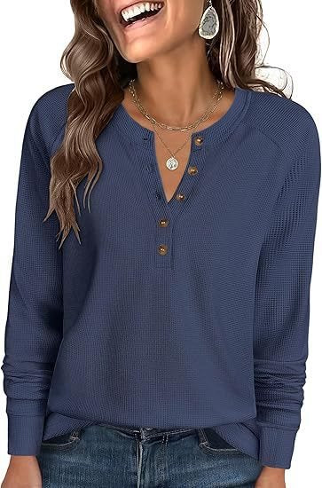 Damen Waffelstrick-Henley-Longsleeve mit Knopfleiste, Raglanärmeln und gerippten Bündchen Shop Nory