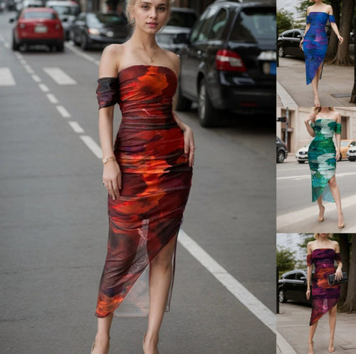 Damen Figurbetontes schulterfreies Maxikleid mit Raffung, Beinschlitz und Aquarell-Print Shop Nory