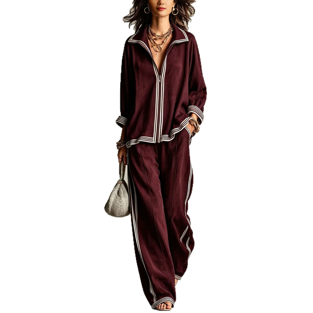 Damen Lässiges Velours-Jogginganzug-Set mit Reißverschluss und Kontraststreifen Shop Nory