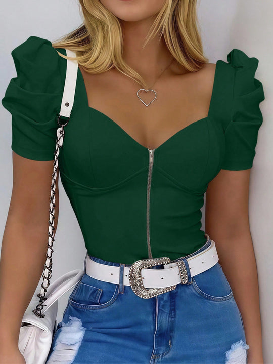 Damen Figurbetontes Corsagen-Top mit herzförmigem Ausschnitt, Puffärmeln und Frontreißverschluss Shop Nory
