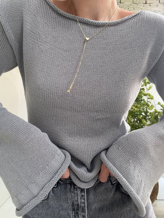Damen Grobstrick-Pullover mit weitem U-Boot-Ausschnitt & extraweiten Trompetenärmeln Shop Nory