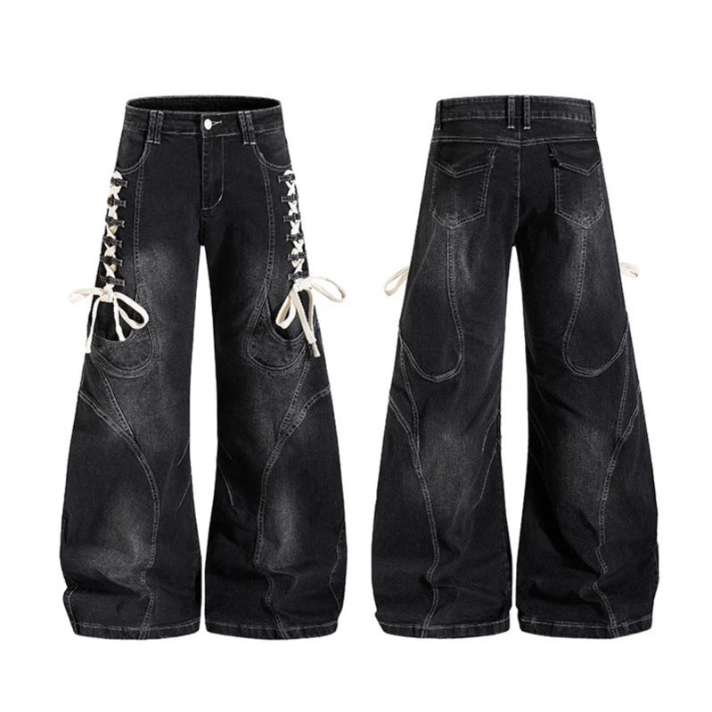 Damen Weite hochtaillierte Denim-Culotte mit seitlicher Schnürung und Cargo-Taschen Shop Nory
