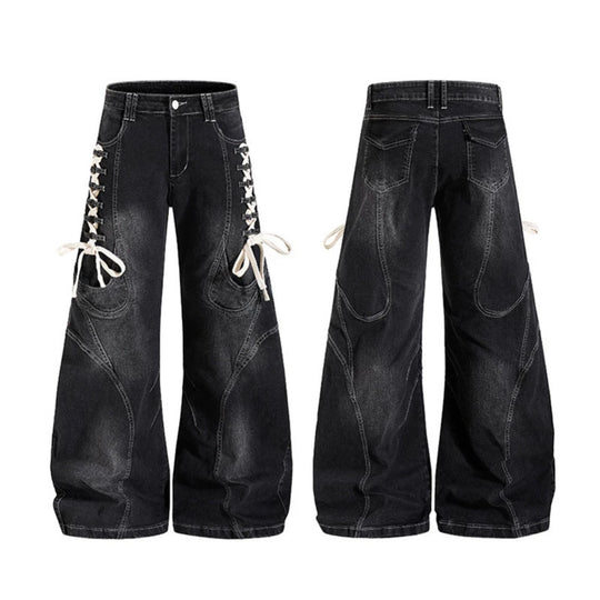 Damen Weite hochtaillierte Denim-Culotte mit seitlicher Schnürung und Cargo-Taschen Shop Nory