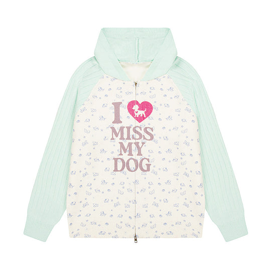 Damen Kapuzen‑Strickjacke mit durchgehendem Reißverschluss, gerippten Ärmeln und Hunde‑Statement‑Print Shop Nory