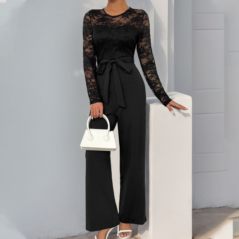 Damen Eleganter Jumpsuit mit Spitzenoberteil und tailliertem Bund