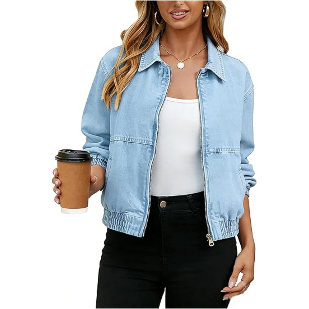 Damen Leichte Cropped-Jeansjacke mit Gummibündchen und Reißverschluss Shop Nory