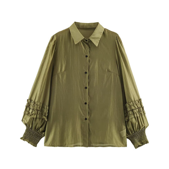 Damen Seidenähnliche Bluse mit Volumenärmeln, Stufenrüschen und Smokbündchen Shop Nory