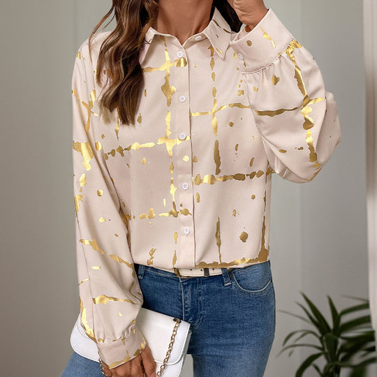 Damen Elegante Langarm-Bluse mit Gold-Folienprint, Hemdkragen und lockerem Schnitt Shop Nory