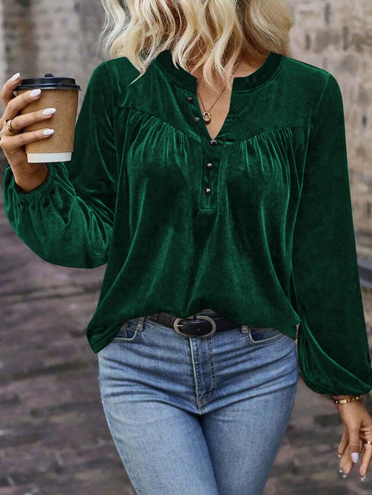Damen Samtsweatshirt mit Henley-Knopfleiste, geraffter Brustpasse und lockerer Silhouette Shop Nory