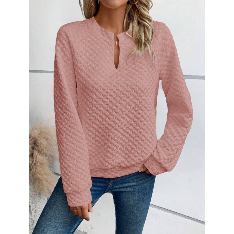 Damen Gestepptes Sweatshirt mit Schlitzkragen, Rautenstruktur und Raglanärmeln Shop Nory