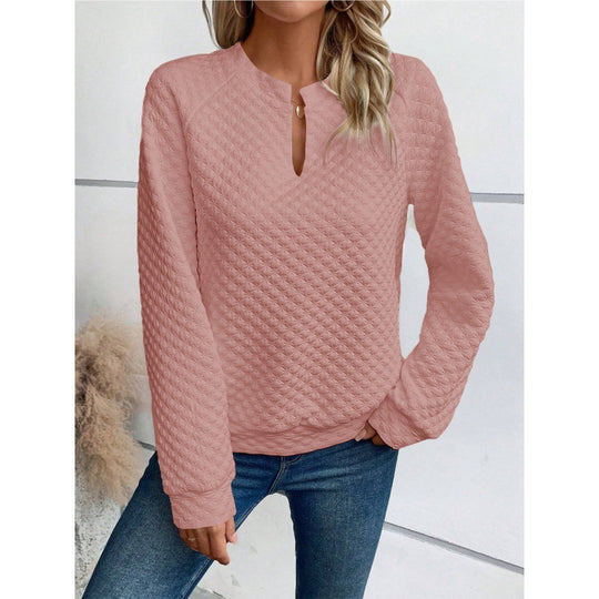 Damen Gestepptes Sweatshirt mit Schlitzkragen, Rautenstruktur und Raglanärmeln Shop Nory