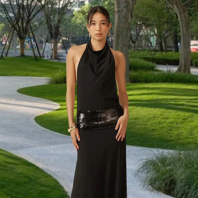 Damen Abendkleid mit schickem Wasserfallausschnitt und glitzerndem Taillenelement