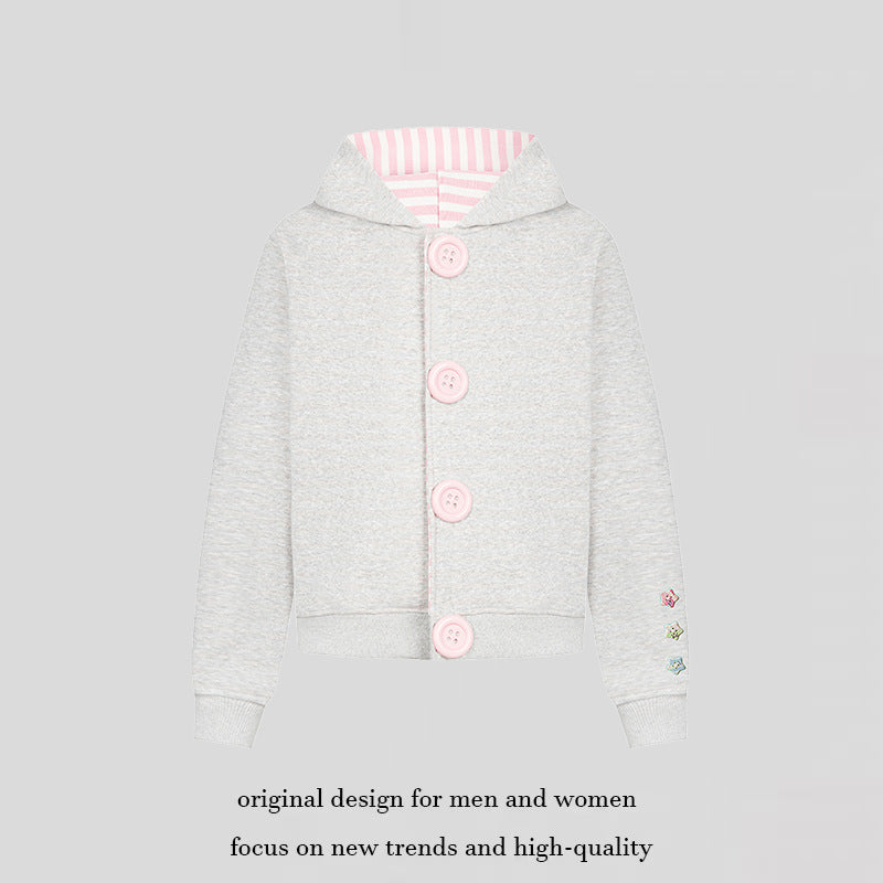 Damen Kapuzen‑Sweatjacke mit übergroßen Knöpfen, gestreiftem Innenfutter und Rippbündchen Shop Nory