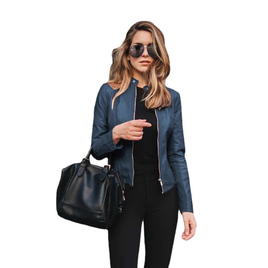 Damen nan taillierte Lederjacke mit Stehkragen und verdecktem Reißverschluss Shop Nory