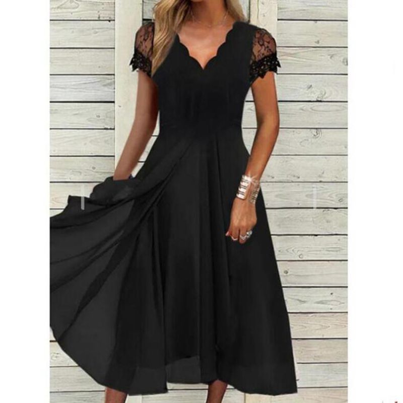 Damen Elegantes Cocktailkleid mit Spitzenärmeln und A-Linien Schnitt