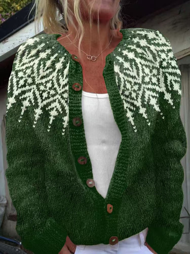 Damen nan gemusterte Strickjacke mit Rundpasse, Holzknöpfen und Eingrifftaschen Shop Nory