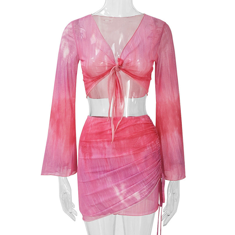 Damen lässiges Crop-Top mit asymmetrischem Rock und langen Ärmeln Shopnory