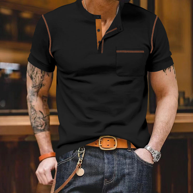 Herren nan urbanes Kurzarmshirt mit Stehkragen, halber Knopfleiste und Brusttasche