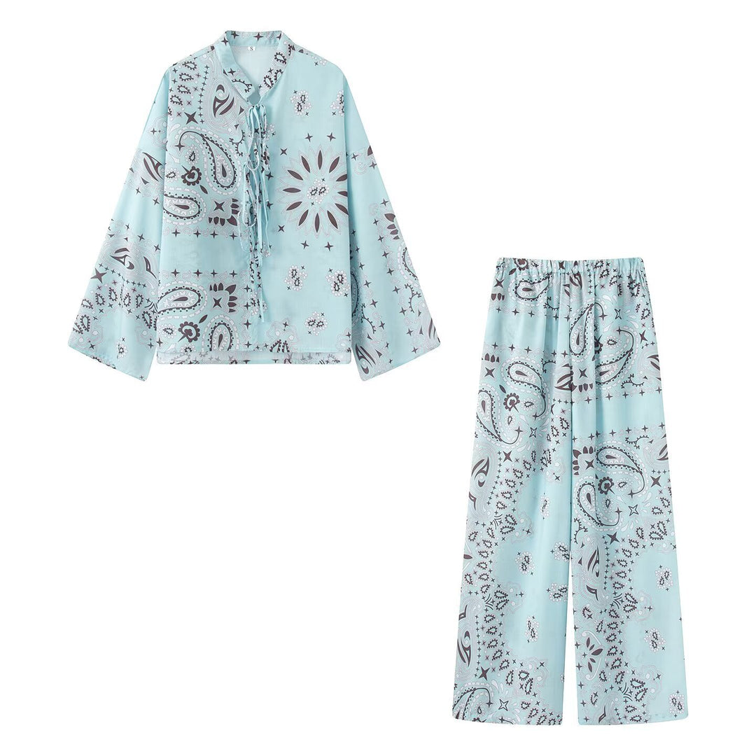 Damen Weite Palazzo‑Hose mit Paisley‑Print, hohem Bund und elastischem Gummizug Shop Nory