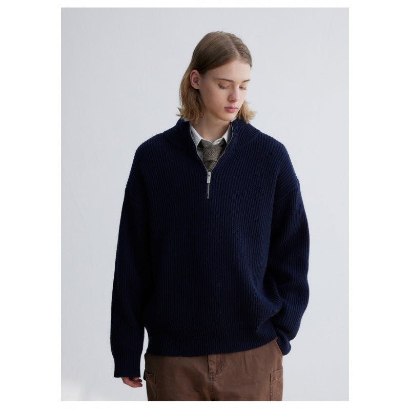 Herren Oversized Rippstrick-Halbzippullover mit verlängertem Arm und hohem Stehkragen Shop Nory