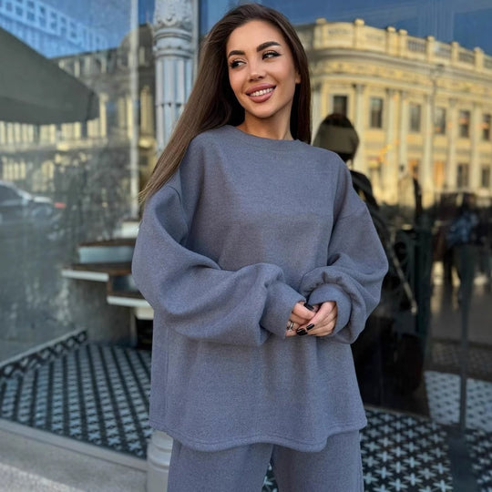 Damen Weiches Oversized-Strick-Loungewear-Set mit legerem Rundhals-Pullover und weiter Komforthose Shop Nory