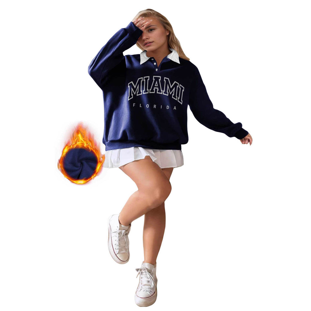 Damen Oversized College-Sweatshirt mit Polokragen und wärmender Fleece-Innenseite Shopy Nory
