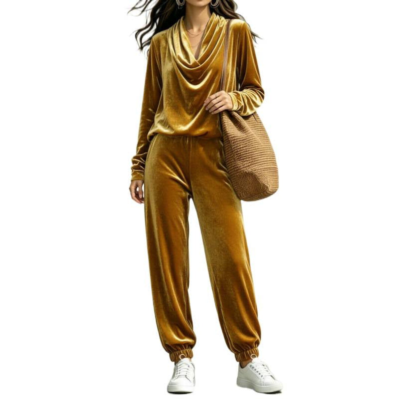 Damen Samt-Lounge-Set mit Wasserfallkragen und Jogger-Hose Shop Nory