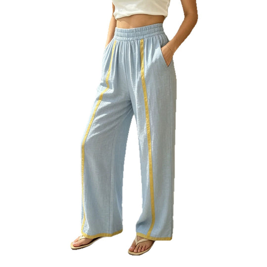 Damen Weite Leinenhose mit Kontraststreifen und elastischem Bund Shopy Nory