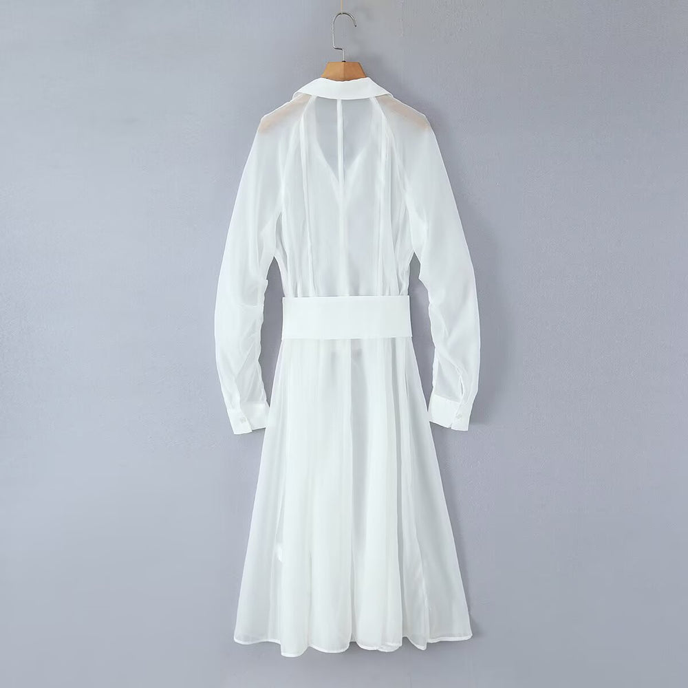 Damen Transparentes Hemdblusenkleid mit weitem Taillengürtel und Volantrock Shop Nory