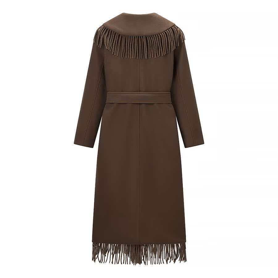 Damen Langer Fransen-Wollmix-Mantel mit Kapuze, Bindegürtel und aufgesetzten Taschen Shop Nory