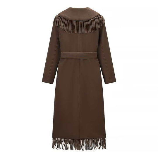 Damen Langer Fransen-Wollmix-Mantel mit Kapuze, Bindegürtel und aufgesetzten Taschen Shop Nory
